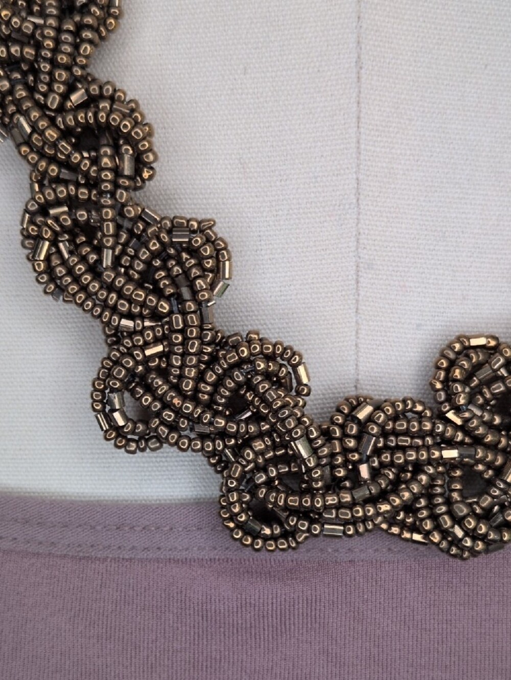 Woven Metallic Bronze Glass Seed Bead Statement Bib Collar Necklace Gunmetal